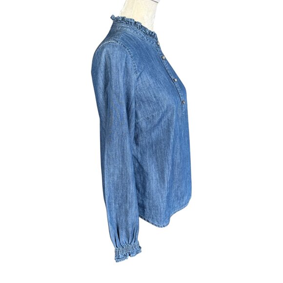 Talbots Petite ruffle neck long sleeve denim popover top women's size SP - Picture 3 of 10